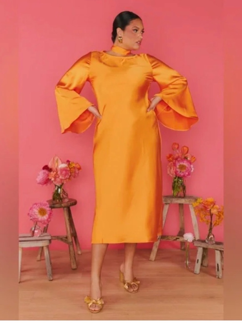 Show Me Your MuMu Orange Satin Bell-Sleeve Midi Dress